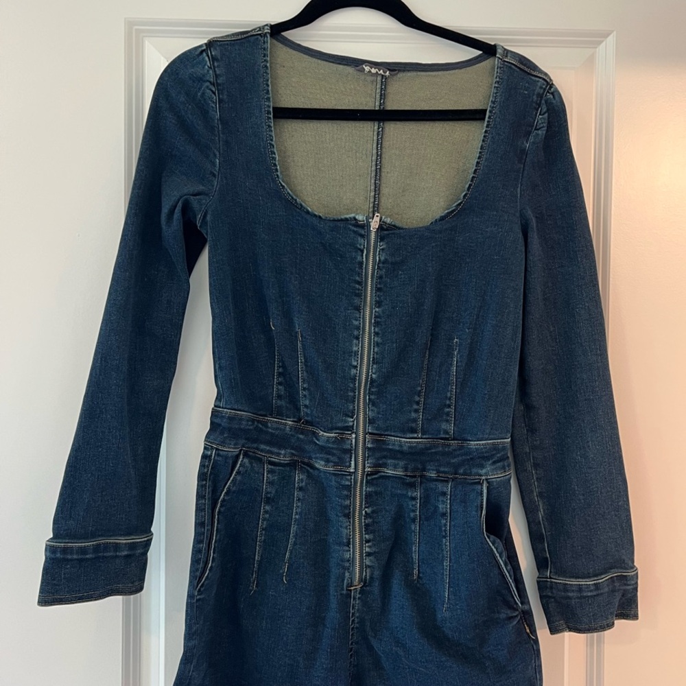 Free People Denim shorts Long Sleeve Jumpsuit